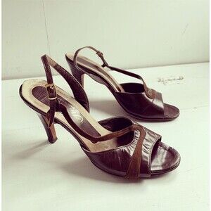 Brown Slingback Heels Open Toe Shoes Vintage 60s Amano